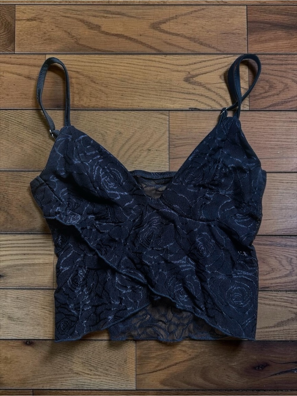 SHEIN Black Floral Lace Ruffle Cami Top